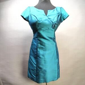 Vtg 60s Parnes Feinstein Silk Shantung Wiggle Dress Teal Blue Cocktail Mod Mint
